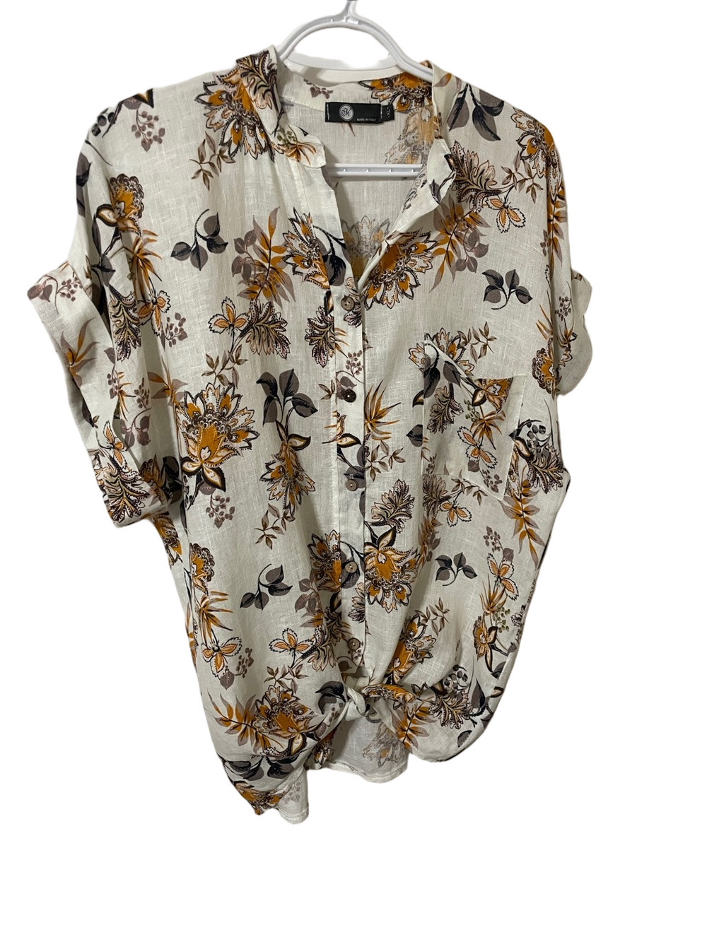 M Made in Italy Linen Blend Button Up Floral Top with Waist Tie Size XL